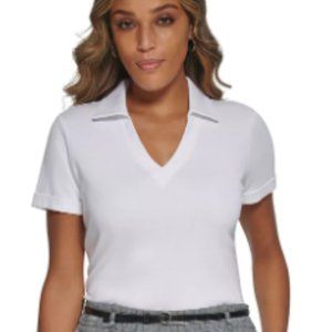 CALVIN KLEIN Women's Solid Collared V-Neck Cuffed-Sleeve Shirt in Medium